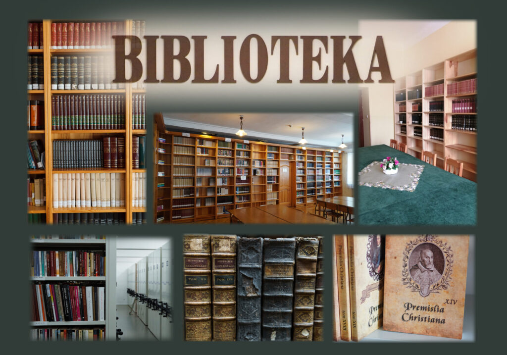 Kolaż zdjęć z wnętrza biblioteki w WSD w Przemyślu
